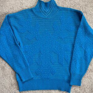 OBERMEYER Women Large Wool Blend Snowflake Mock Neck Silver Blue Winter Sweater